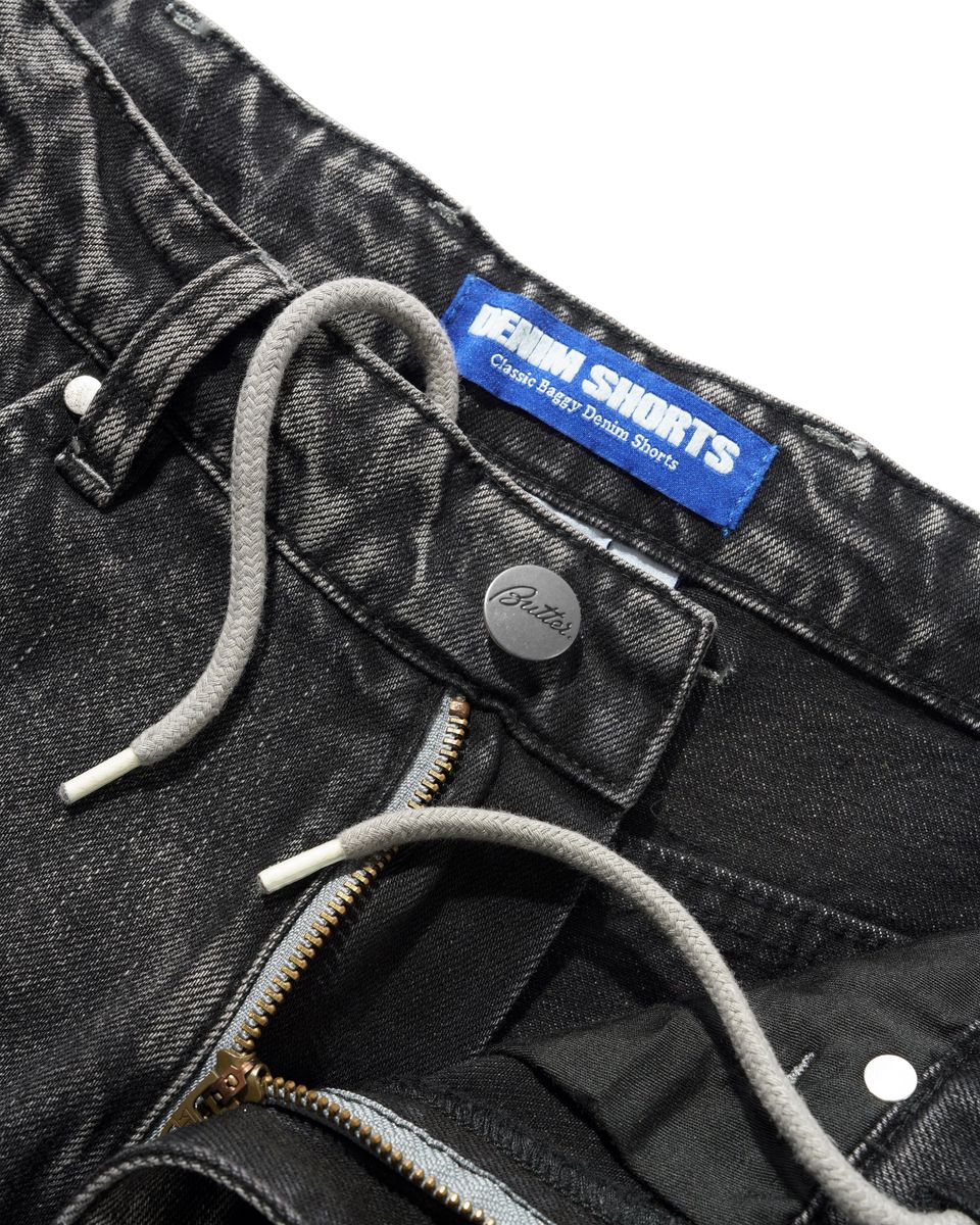 Butter Goods Drummer Baggy Denim Shorts in Streaky Black - Goodnews Skateshop