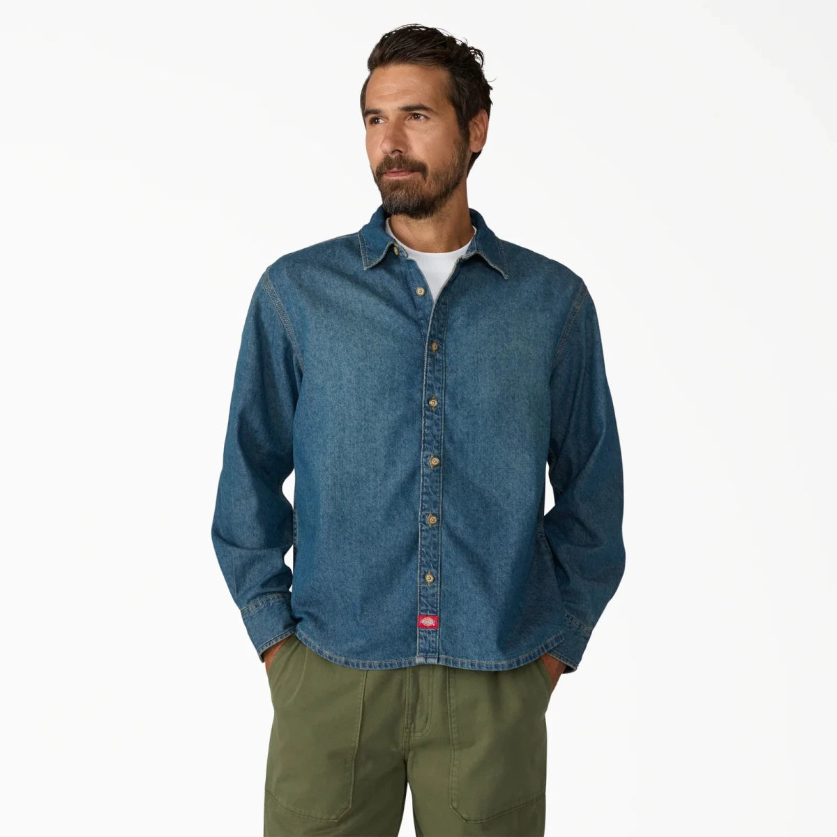 Dickies Lightweight Denim Longsleeve Shirt in Khaki Tinted Blue - Goodnews Skateshop