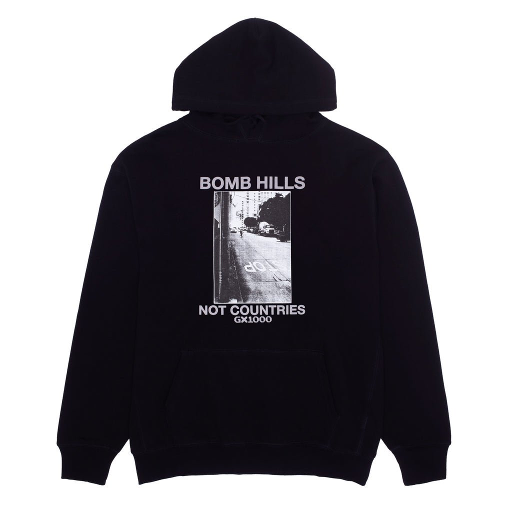 GX1000 Bomb Hills Not Countries Hoodie in Black W/ Grey Font - Goodnews Skateshop