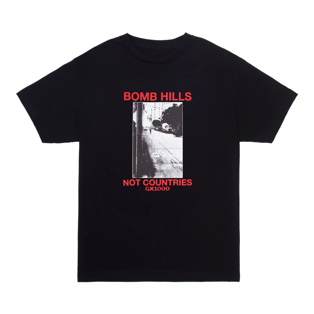 GX1000 Bomb Hills Not Countries T-Shirt in Black/Red - Goodnews Skateshop