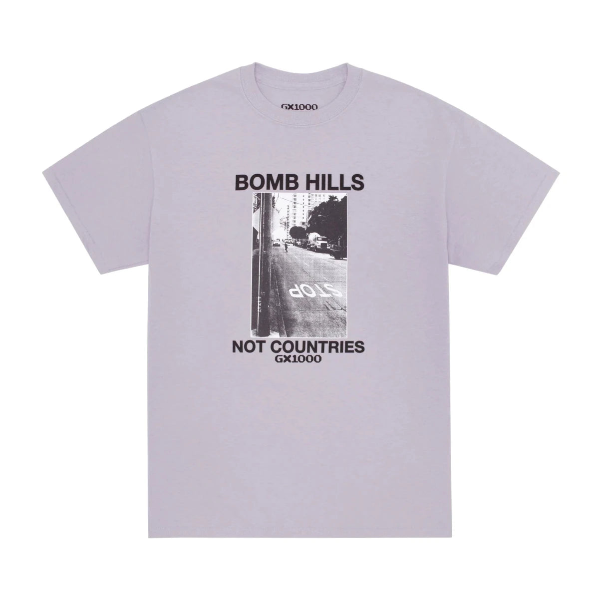 GX1000 Bomb Hills Not Countries T-Shirt in Lilac Chalk - Goodnews Skateshop