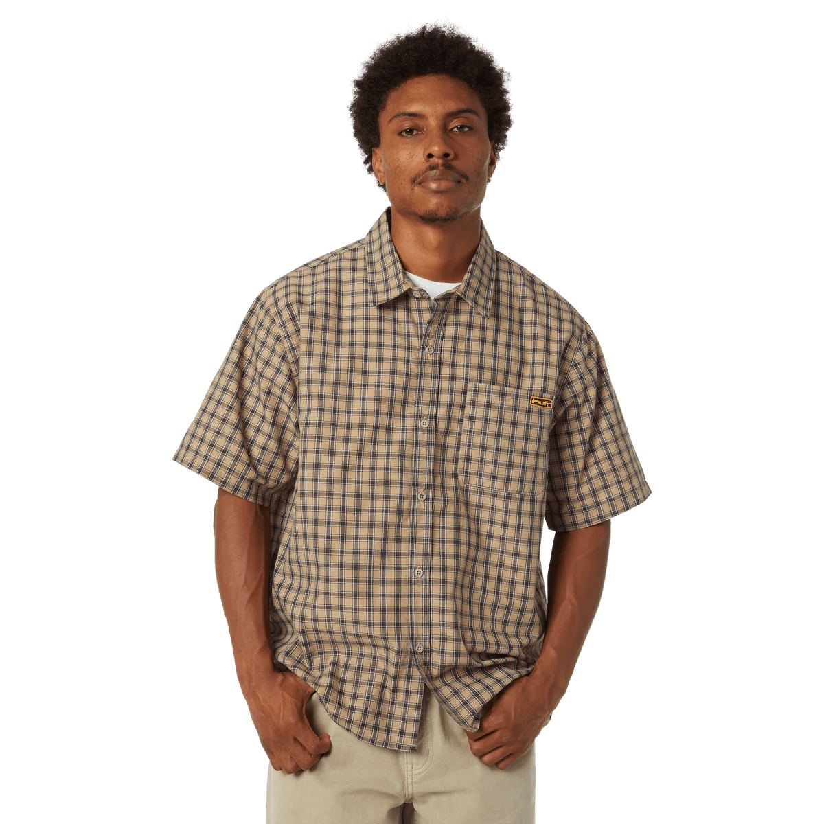 HUF Stretch Micro Plaid Shirt in Clay - Goodnews Skateshop