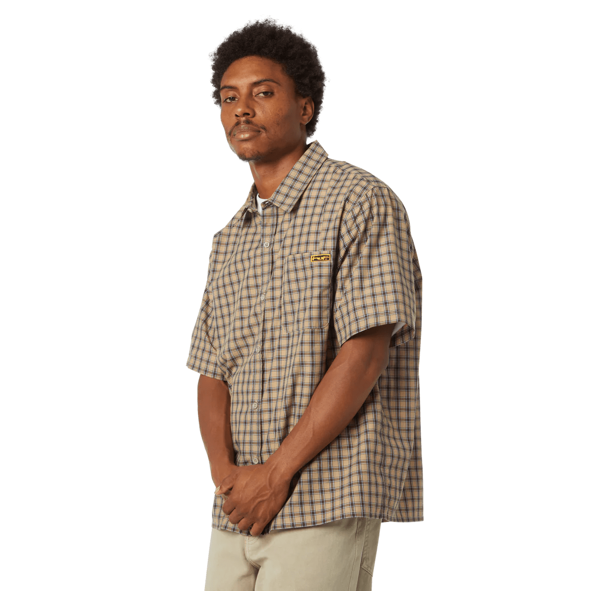 HUF Stretch Micro Plaid Shirt in Clay - Goodnews Skateshop