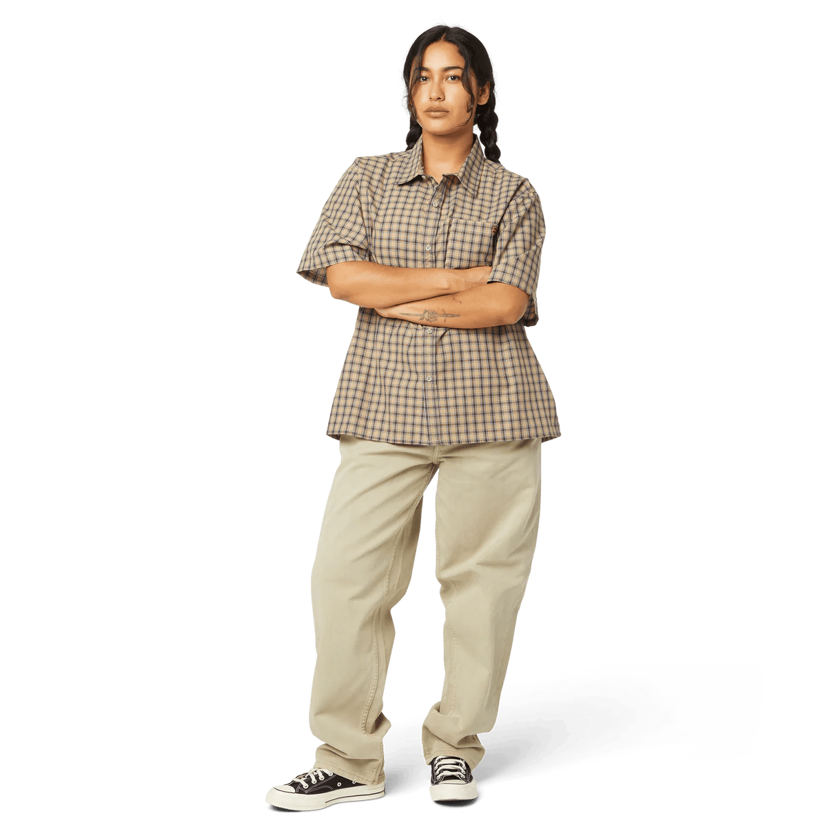 HUF Stretch Micro Plaid Shirt in Clay - Goodnews Skateshop