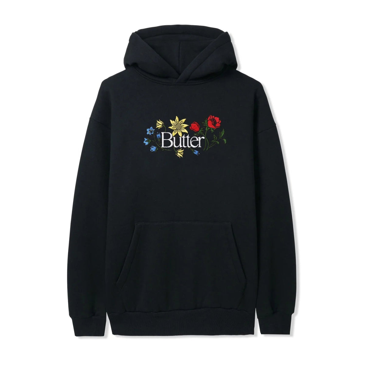 Butter Goods Floral Embroidered Hoody in Black - Goodnews Skateshop