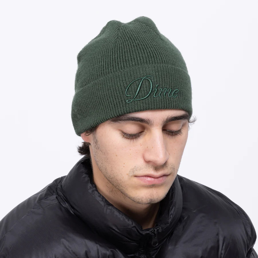 Dime Cursive Wool Fold Beanie in Forest