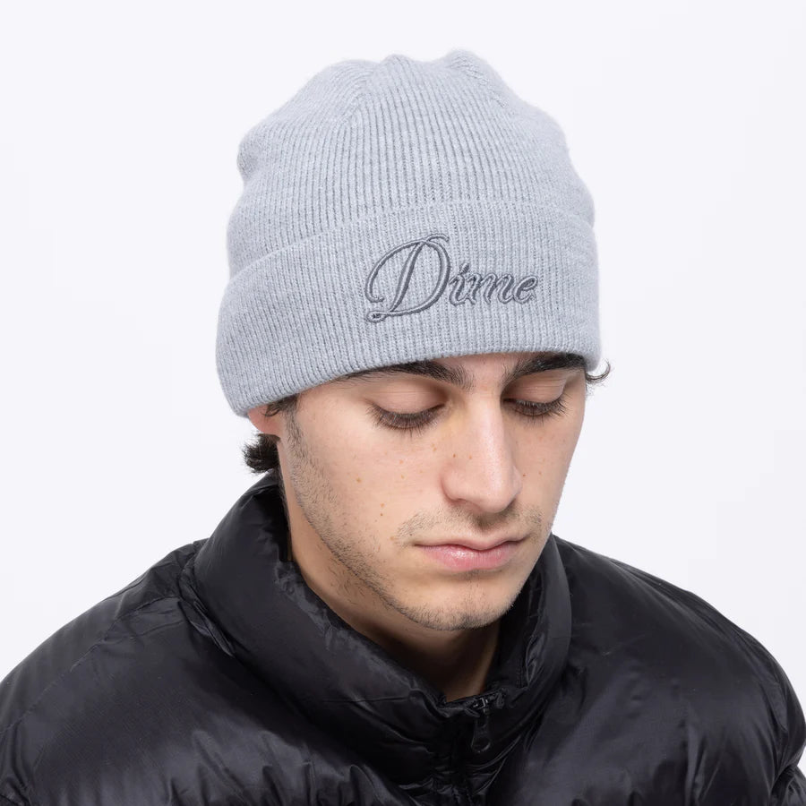 Dime Cursive Wool Fold Beanie in Heather Gray