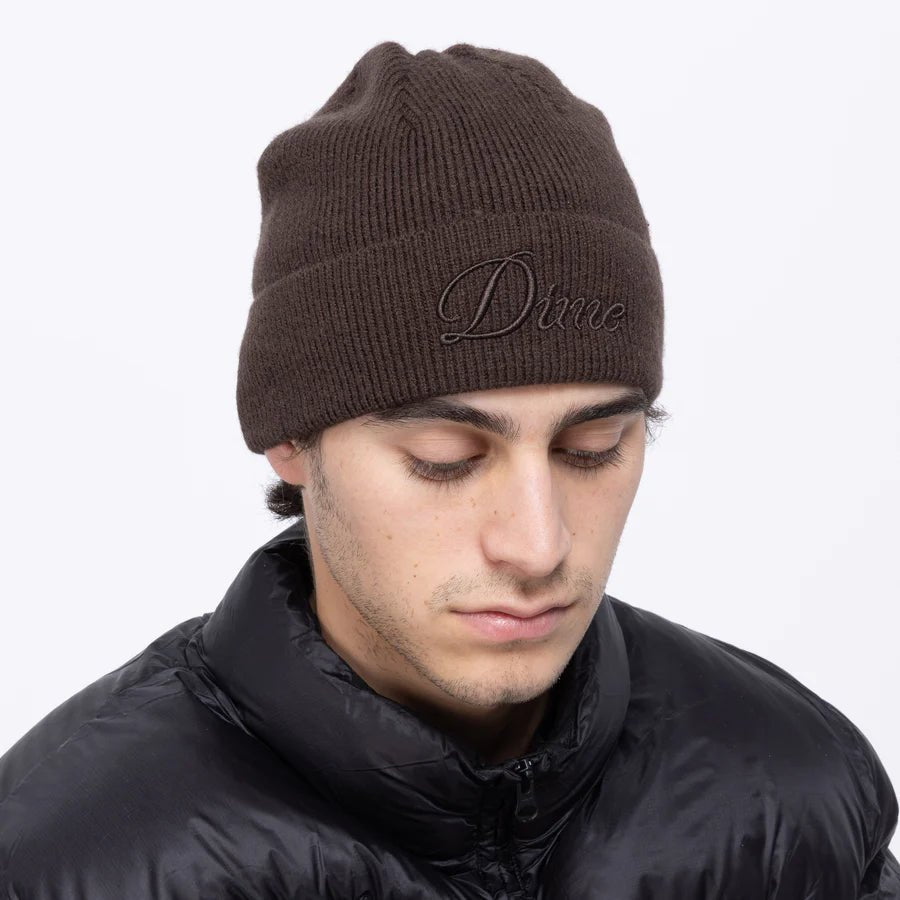 Dime Cursive Wool Fold Beanie in Dark Brown - Goodnews Skateshop