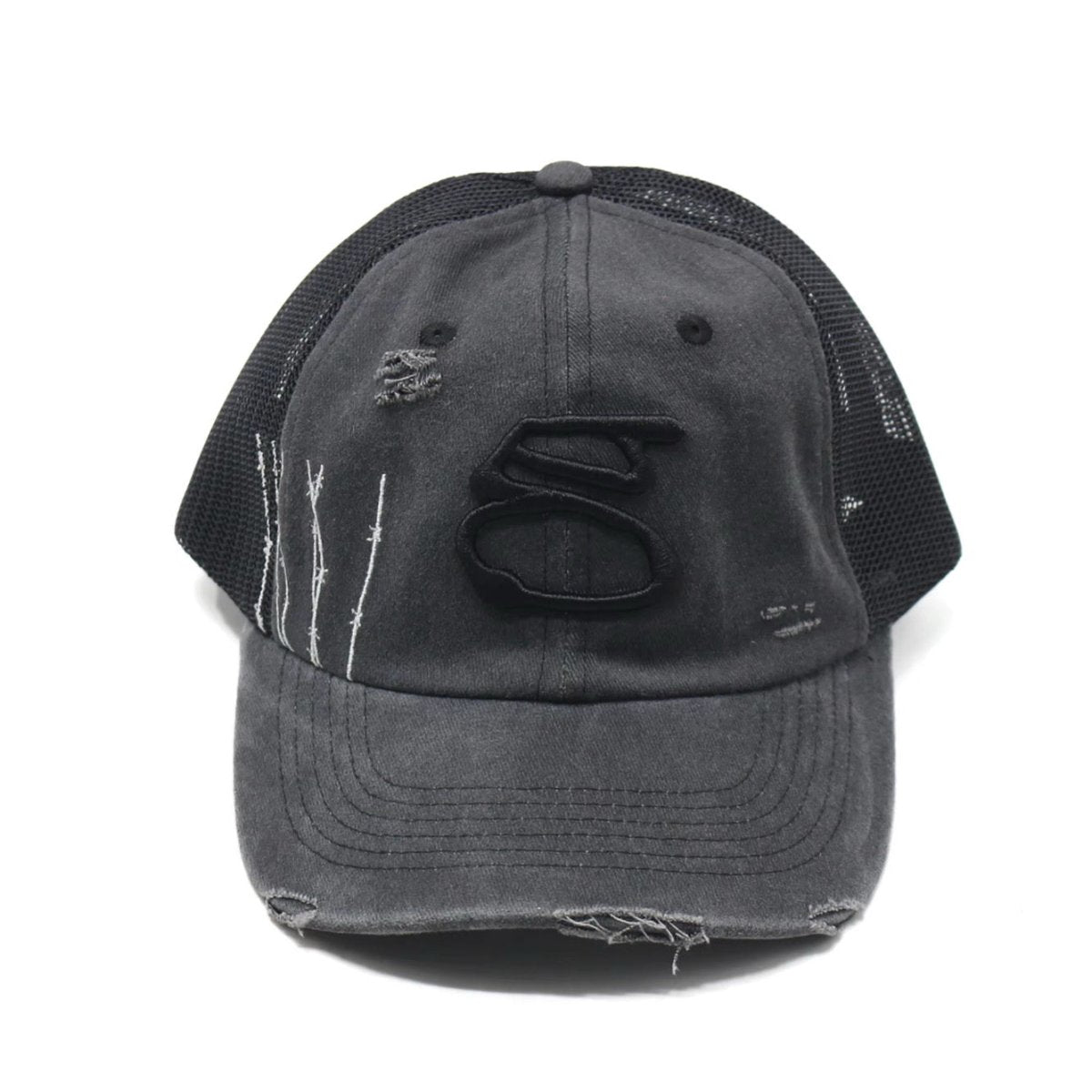 Goodnews Distressed G 6 Panel Trucker Cap in Black - Goodnews Skateshop