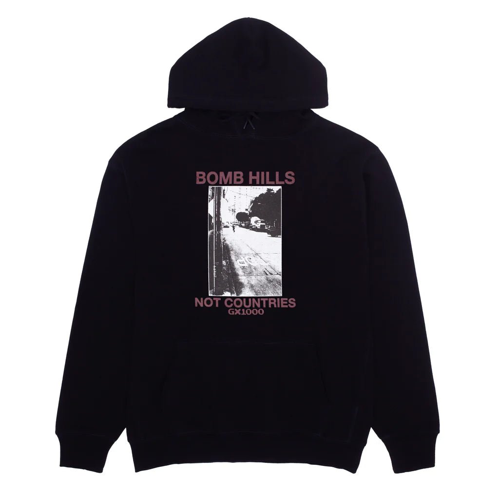 GX1000 Bomb Hills Not Countries Hoodie in Black W/ Burgundy Font - Goodnews Skateshop