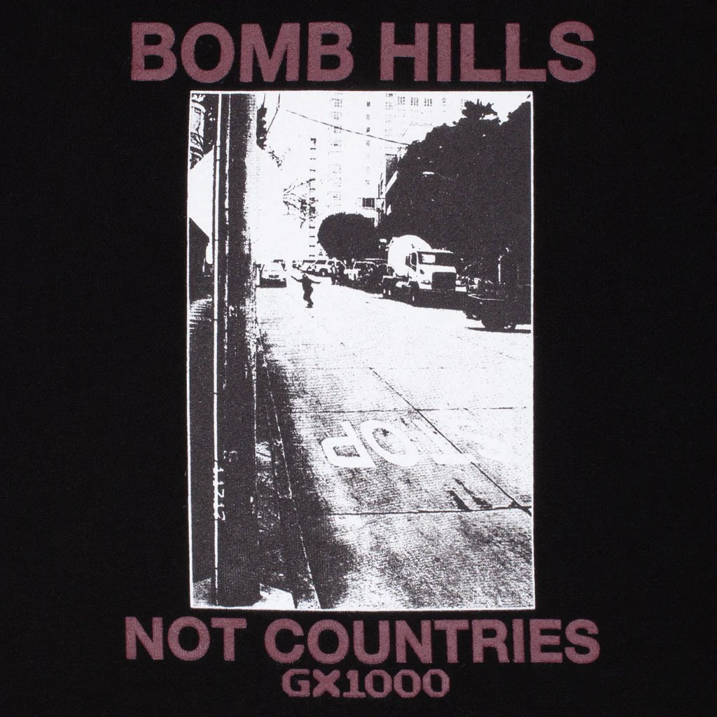 GX1000 Bomb Hills Not Countries Hoodie in Black W/ Burgundy Font - Goodnews Skateshop
