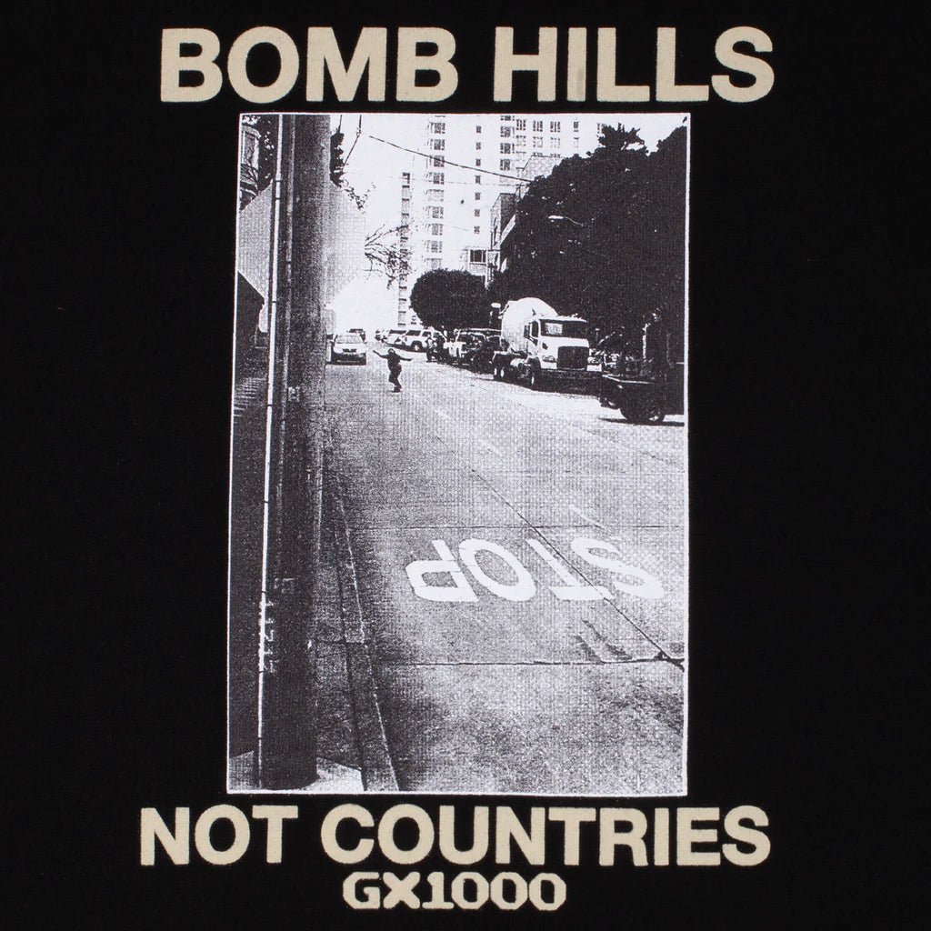 GX1000 Bomb Hills Not Countries Hoodie in Black W/Tan Font - Goodnews Skateshop