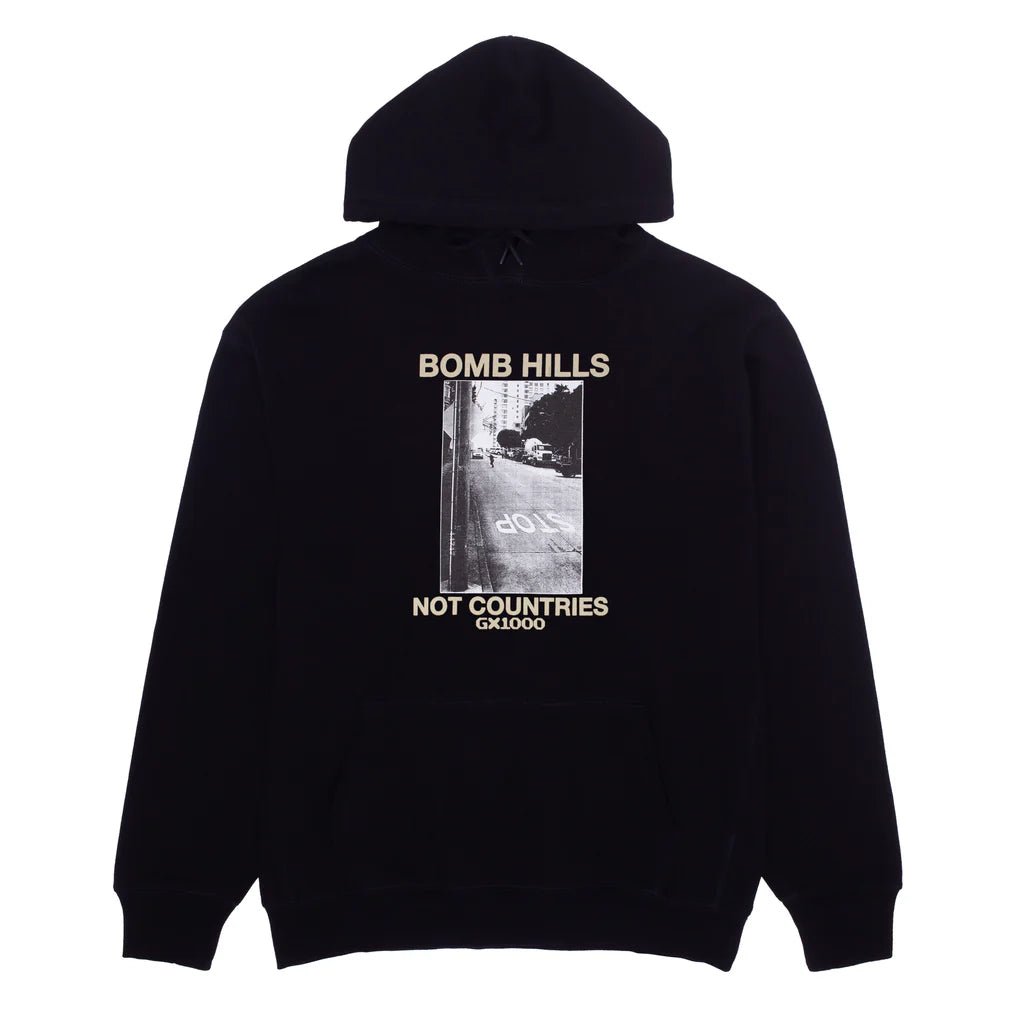 GX1000 Bomb Hills Not Countries Hoodie in Black W/Tan Font - Goodnews Skateshop