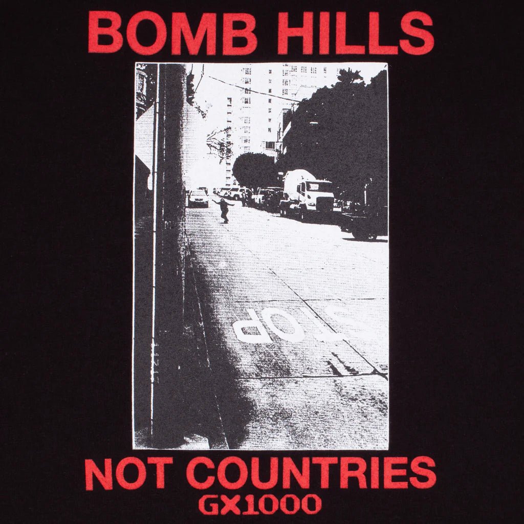GX1000 Bomb Hills Not Countries T-Shirt in Black/Red - Goodnews Skateshop
