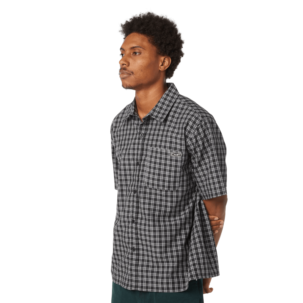 HUF Stretch Micro Plaid Shirt in Black - Goodnews Skateshop