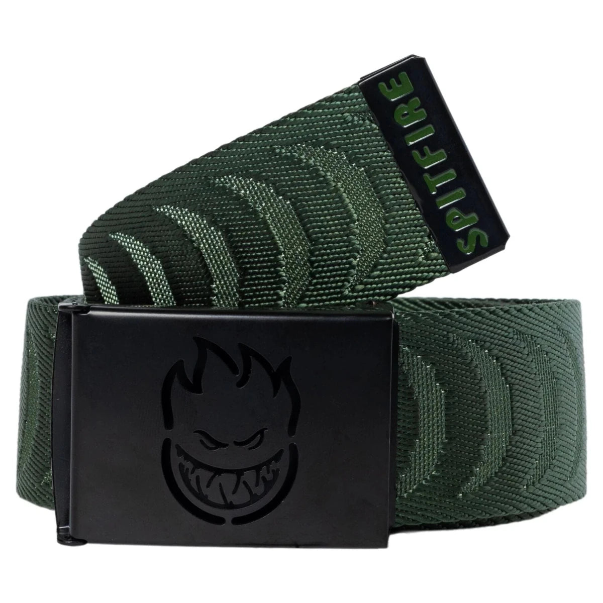 Spitfire Bighead Cut Out Crescent Jaquard Web Belt in Olive/Black - Goodnews Skateshop
